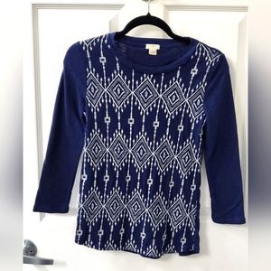 J. Crew embroidered blue white 3/4 sleeve tee top Extra Small XS